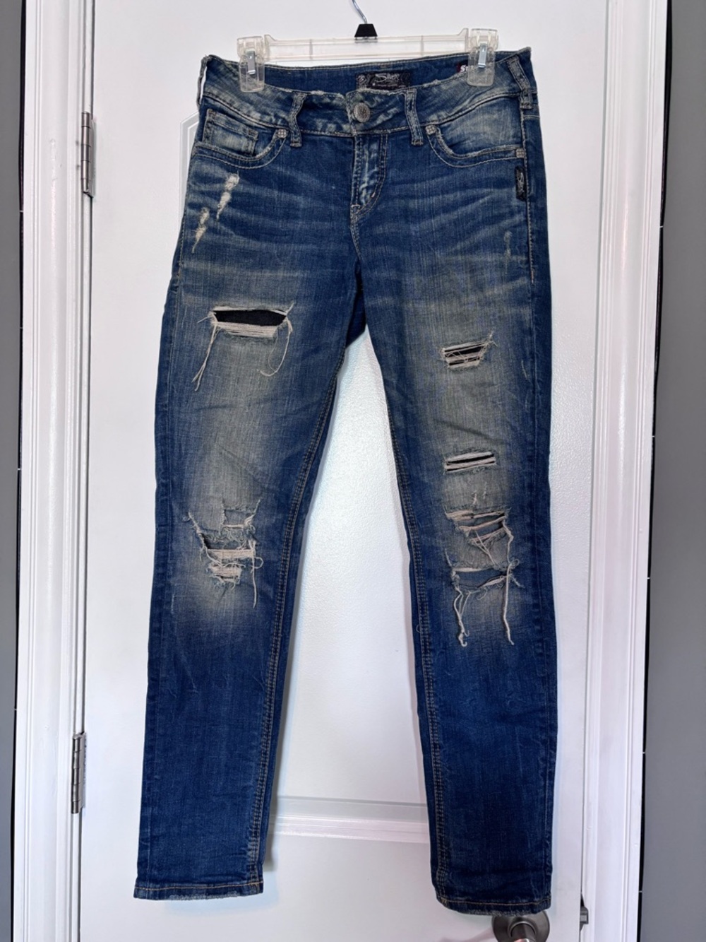 Silver Jeans Distressed Skinny Mid Rise Raw Hem Y2K Denim Size 27w